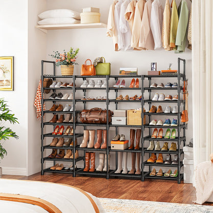 Shoe Rack 4-Row 9-Tier Metal Organizer for Up to 64 Pairs with Modular Black Freestanding Design