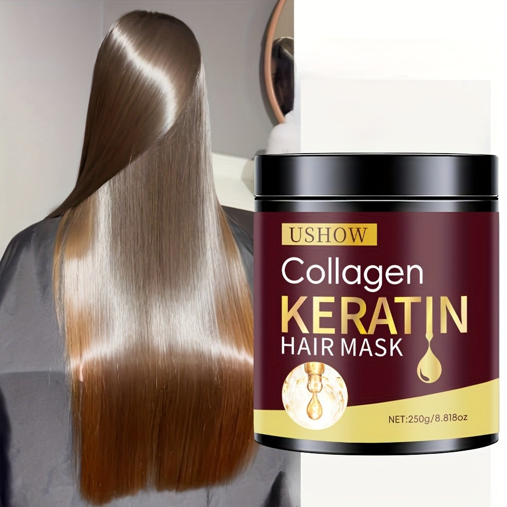 USHOW 250g Collagen and Keratin Hair Mask in Round Jar with Black Screw-Top Lid and Gold-Trim Label