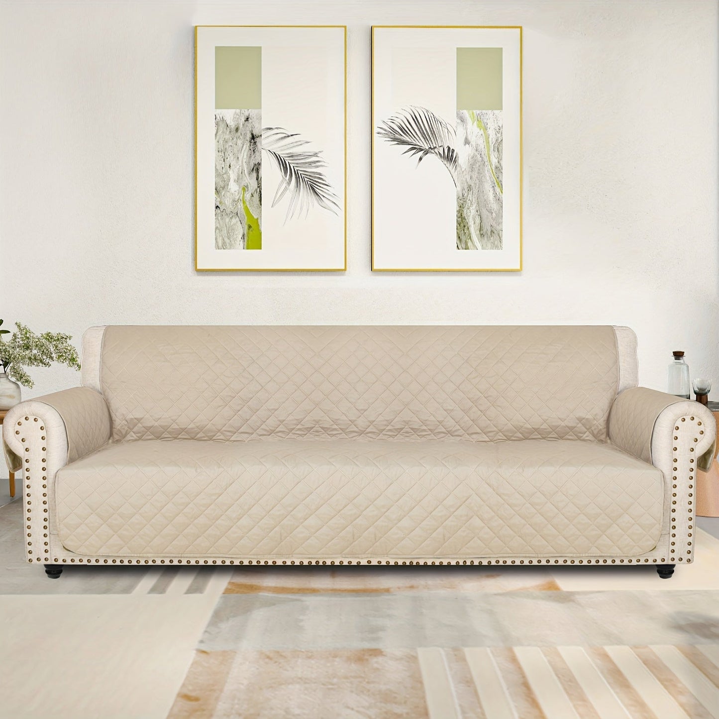 Sofa Cover Five-Layer Quilted Microfiber Protector with Elastic Strap and Foam Anchors for 3 or 4 Seats