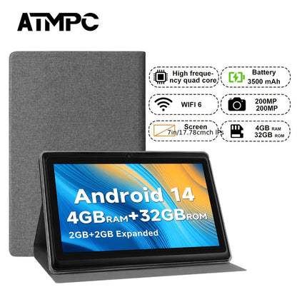 Bluetooth Android 14 Tablet 7 Inch, 4GB RAM 32GB ROM Expandable, Quad-Core IPS HD Display 3500mAh Battery, Dual Camera Wi-Fi, Lightweight Portable Tablet for Kids Students Seniors Everyday Use – Gray