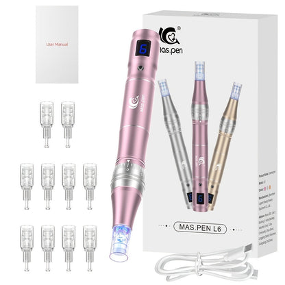L6 Pink Microneedling Pen Kit with 10 Replacement Tips, Six Speed Levels and USB Charging Cable