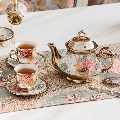 Twenty-Piece Floral Ceramic Tea Set with 15-Ounce Teapot, Six Cups, Saucers, Spoons and Metal Rack