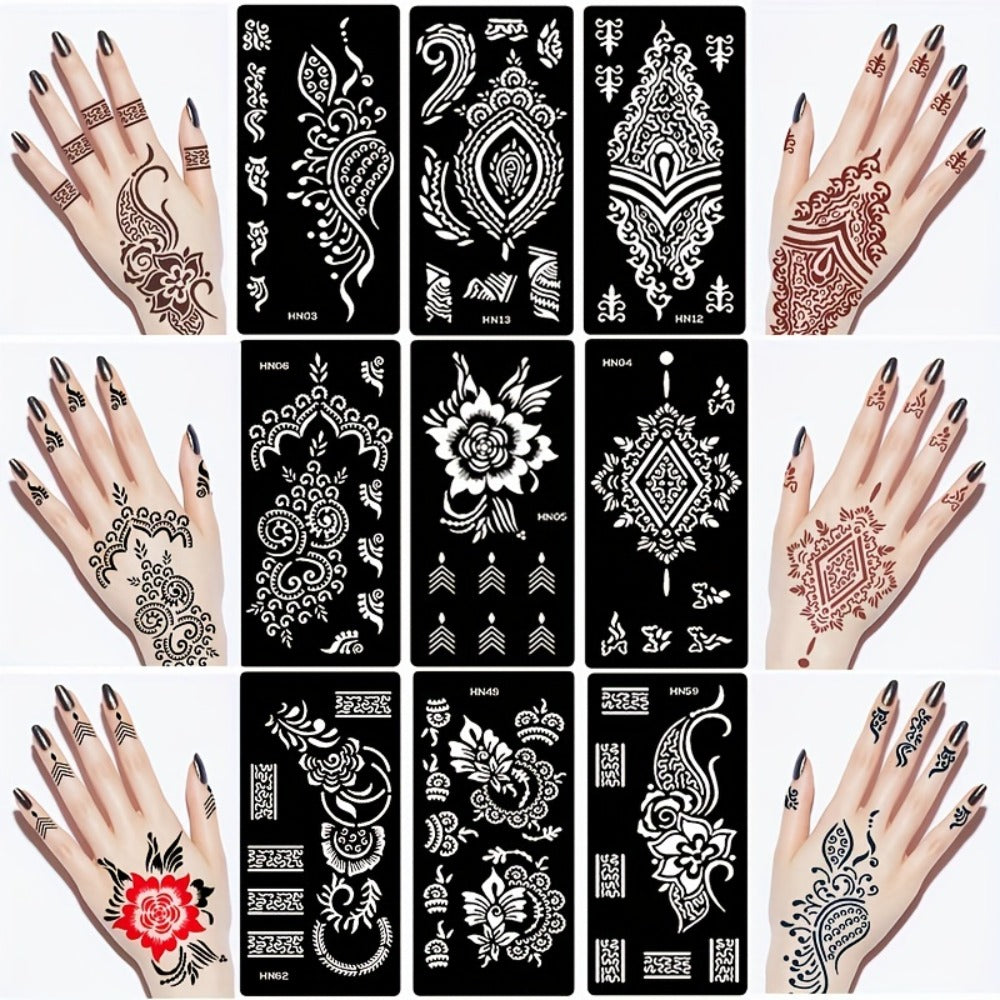 Nine-Sheet Reusable Tattoo Stencil Set with Long Floral and Henna-Style Pattern Cards in HN1 or HN2