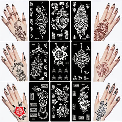 Nine-Sheet Reusable Tattoo Stencil Set with Long Floral and Henna-Style Pattern Cards in HN1 or HN2