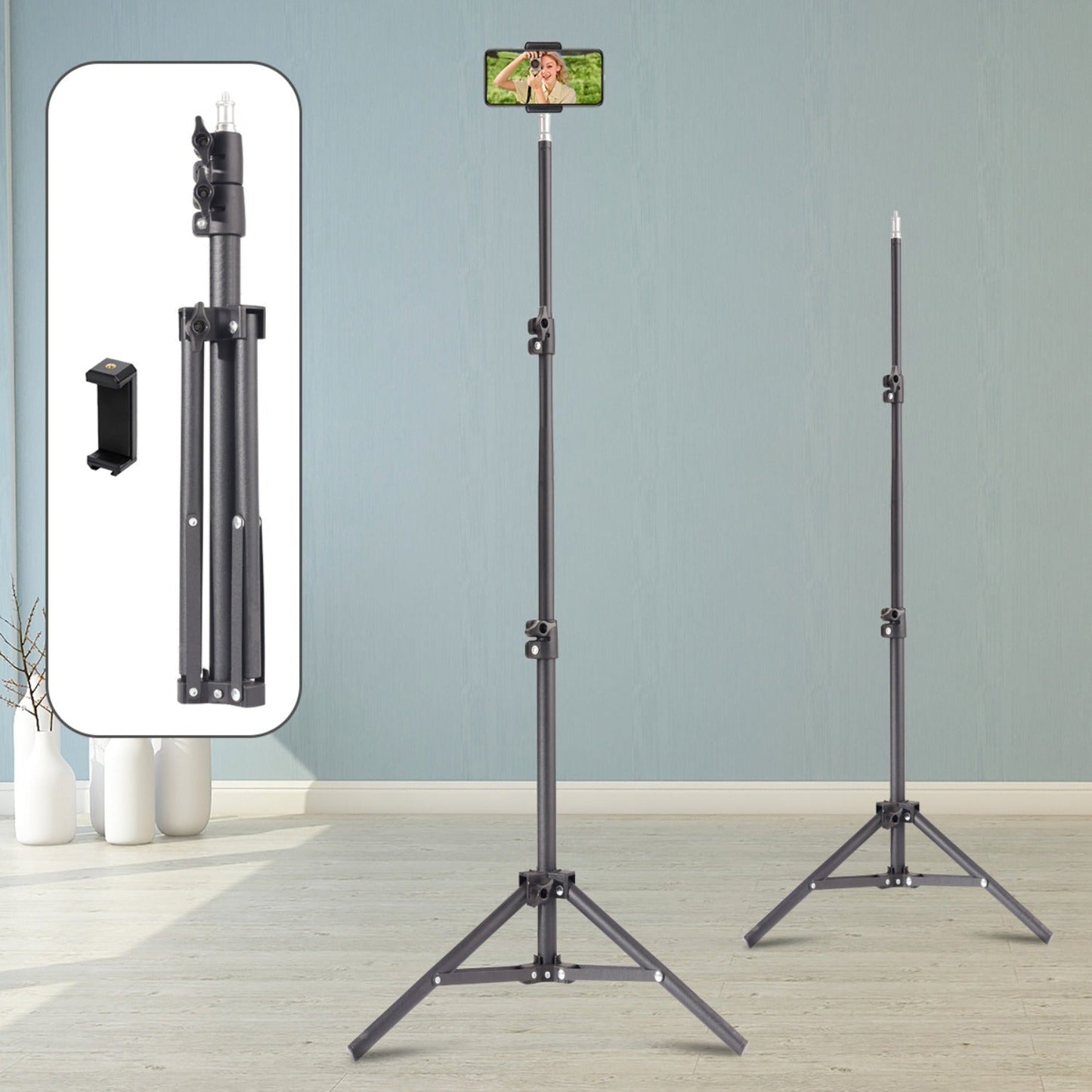 63-Inch Floor Phone Tripod with Two Checkout Models, Adjustable Holder and Optional Gooseneck Arm