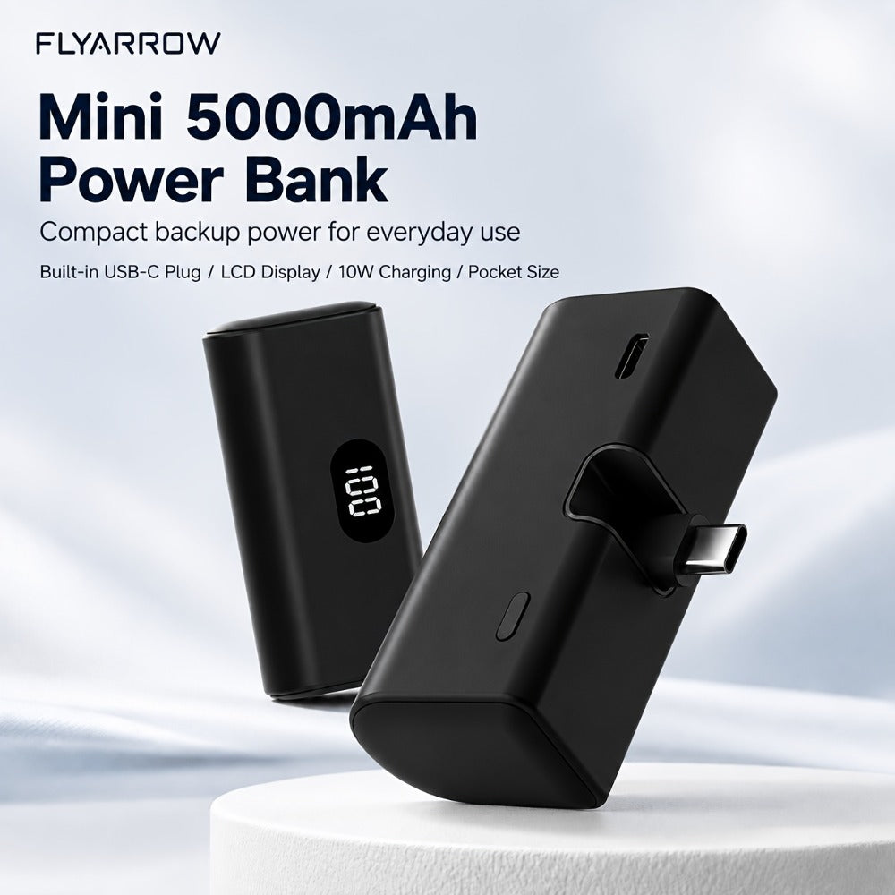 Mini Power Bank 5000mAh USB-C Foldable Plug Built-in Cable 10W Fast Charge LED Display Compact Portable Charger for iPhone 15 16 17 Samsung Android – Black White Pink Purple Green (1pc/2pcs)