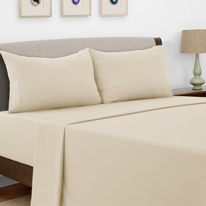 Bed Sheet Set Microfiber with Size-Dependent 3- or 4-Piece Contents and Six Documented Bed Dimensions