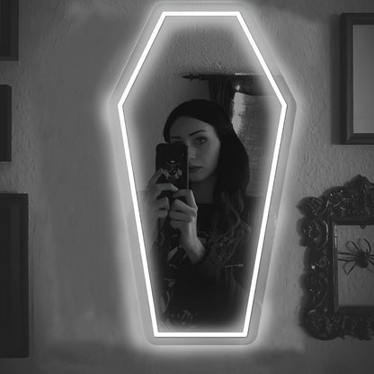 Gothic Coffin Shaped Neon Wall Mirror USB Powered LED Neon Light Mirror Irregular Decorative for Entryways, Bedrooms and Living Spaces