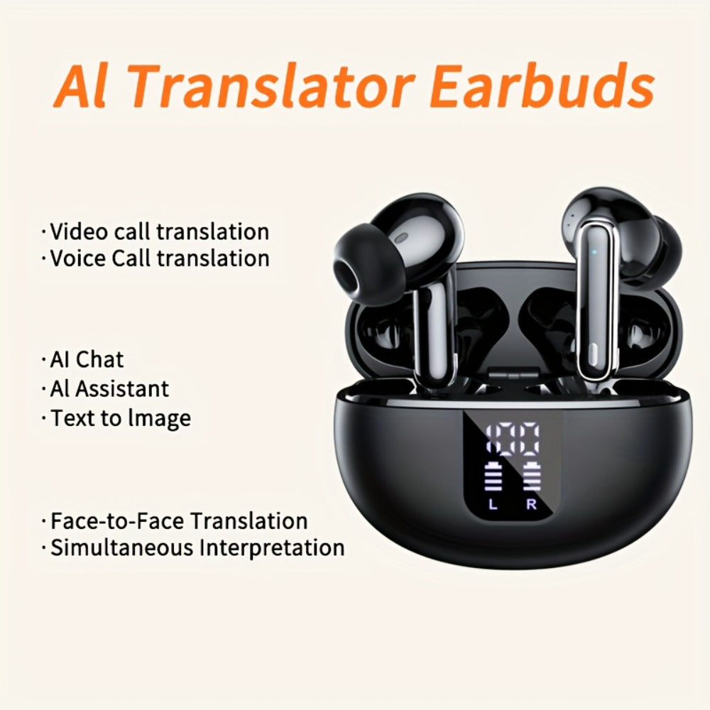 Black or White Stem-Style Translation Earphones with Digital Charging Case and Two Color Options