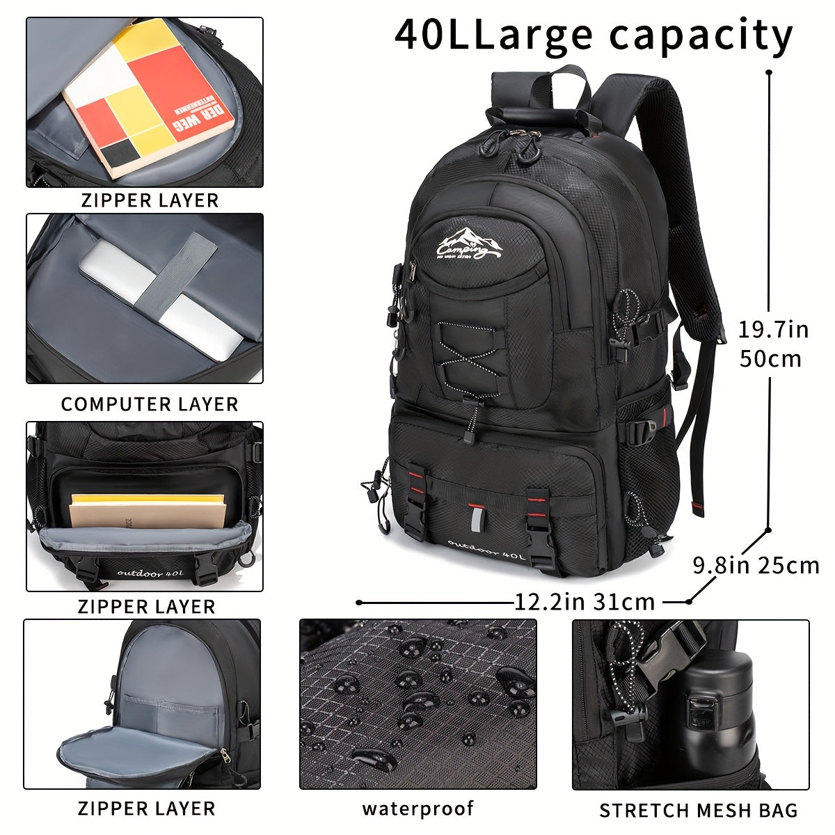 40 L Outdoor Backpack with Pictured 50 x 31 x 25 cm Size, Multi-Pocket Layout and Four Colors