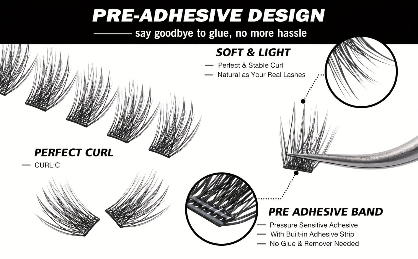 156-Piece Mixed Self-Adhesive Lash Cluster Tray with Black Tweezers and Spoolie Brush in Mixed Style