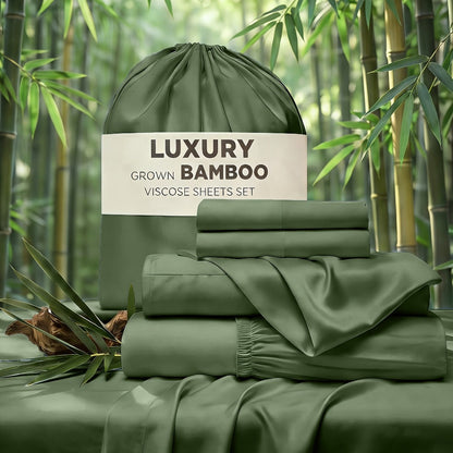 Bed Sheet Set 4-Piece Bamboo-Derived Rayon with Deep-Pocket Fitted Sheet in Twin, Full, Queen and King Sizes