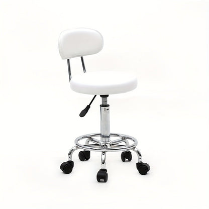 PU Leather Salon Stool with Back & 360° Swivel – Adjustable Height 18.9"-22.8" Round Cushion Chrome Base White Salon Chair for Nail Tech, Esthetician & Beauty Studio