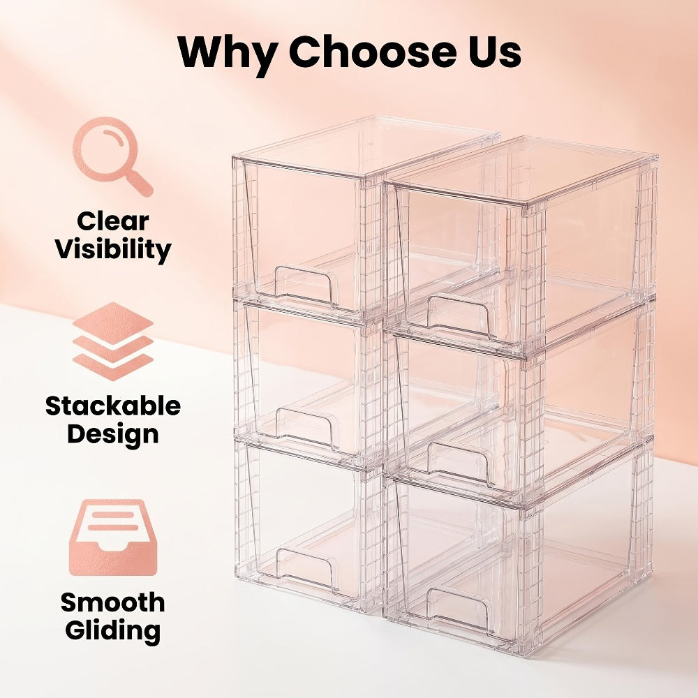 Clear Stackable Storage Drawer Bins in Four-, Six- or Eight-Piece Sets for Countertop Organization