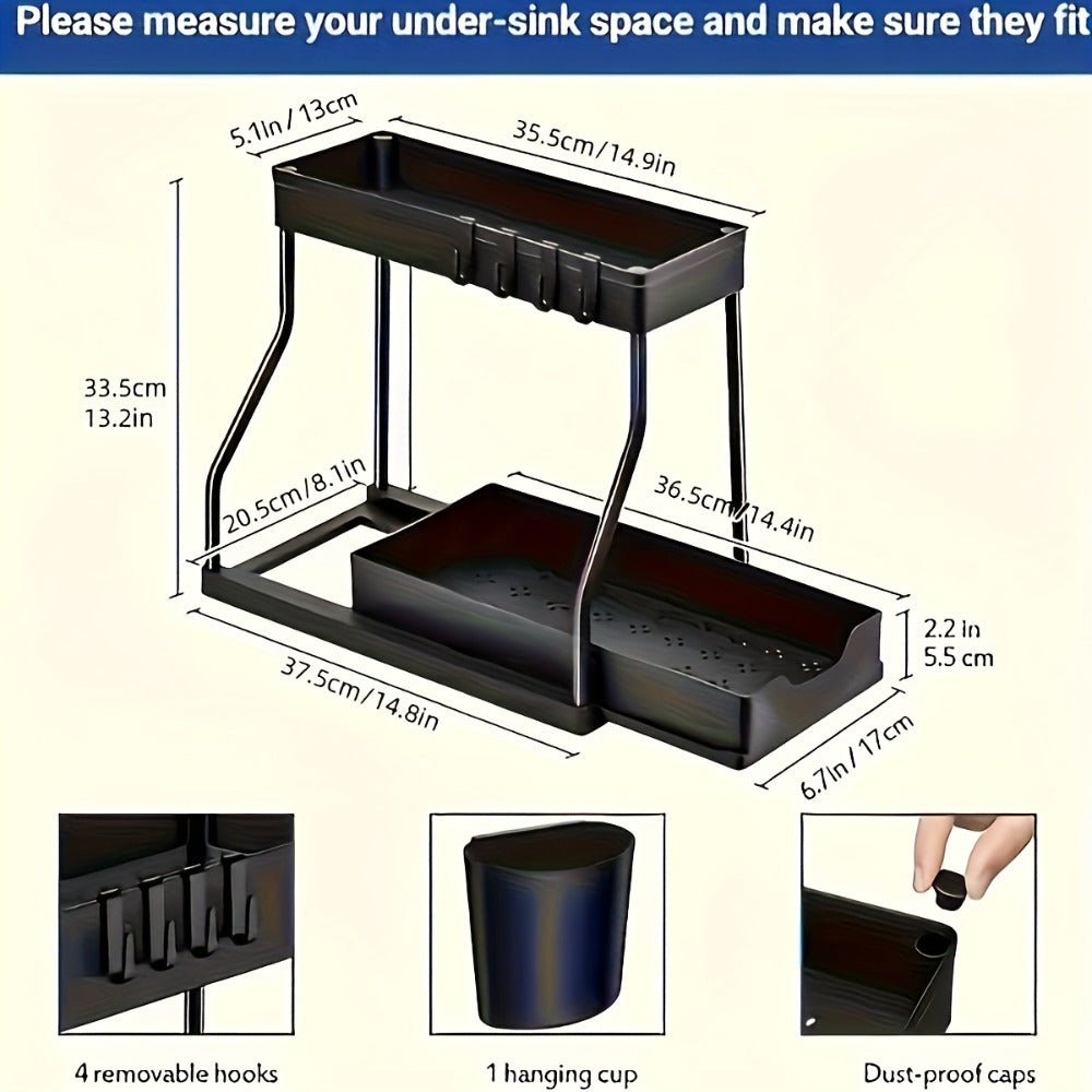 Two-Tier Under-Sink Organizer with Lower Sliding Basket, Four Removable Hooks and One Hanging Cup