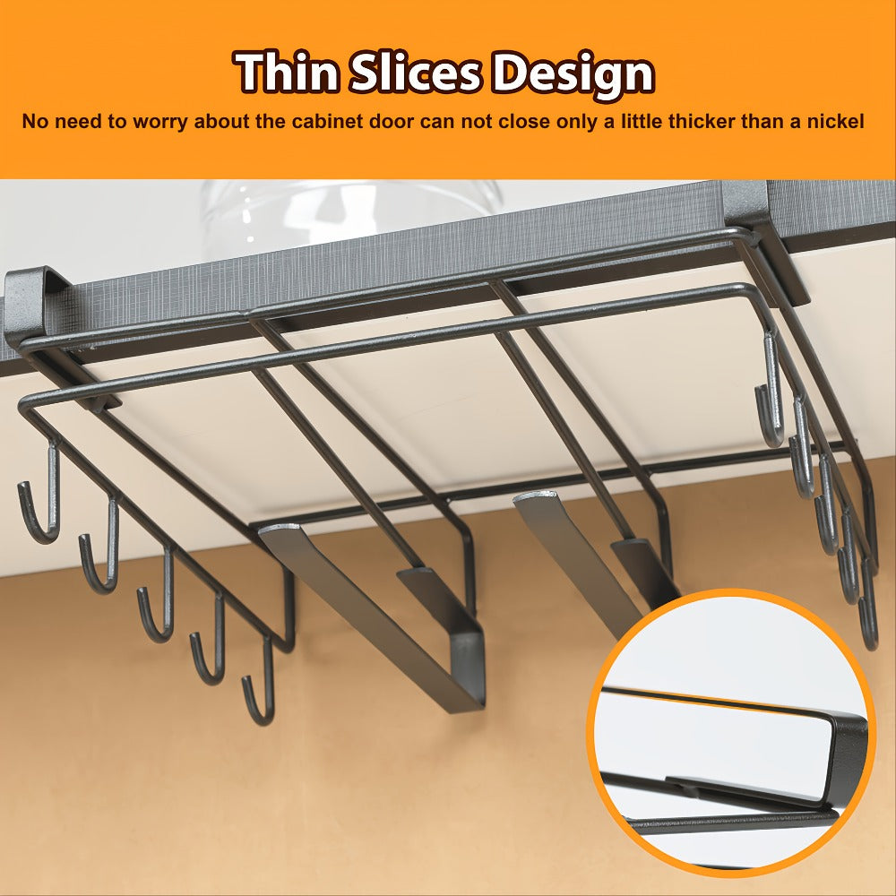 Under Cabinet Organizer Rack with Hooks – Heavy Duty Carbon Steel Kitchen Shelf for Utensils, Towels, Cups & Cutting Boards – No-Drill Door-Mount Space-Saving Kitchen Storage