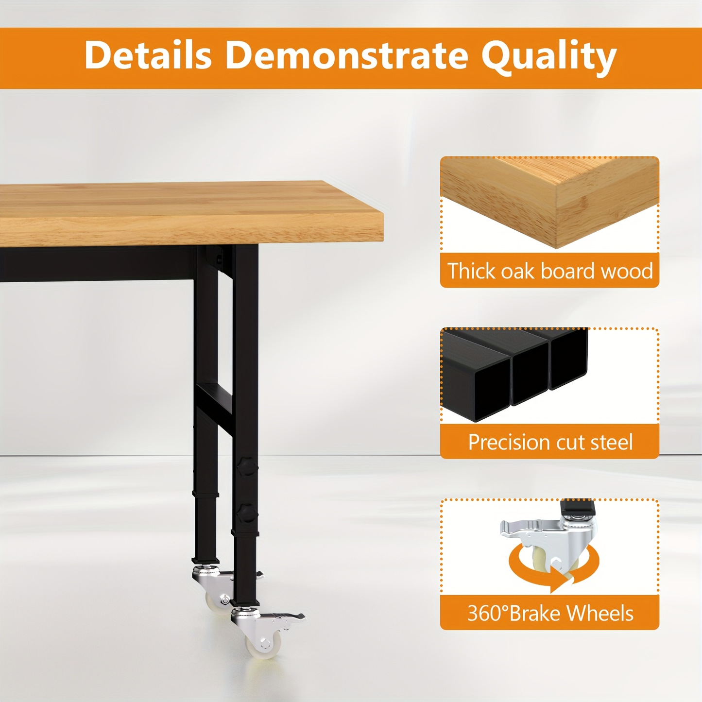 Garage Workbench Solid Wood Tool Desk with Drawers, Power Outlets & Swivel Casters, 48"/60"/70" Heavy-Duty Workshop Bench for Home Garage & Workshop