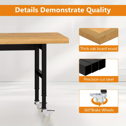 Garage Workbench Solid Wood Tool Desk with Drawers, Power Outlets & Swivel Casters, 48"/60"/70" Heavy-Duty Workshop Bench for Home Garage & Workshop
