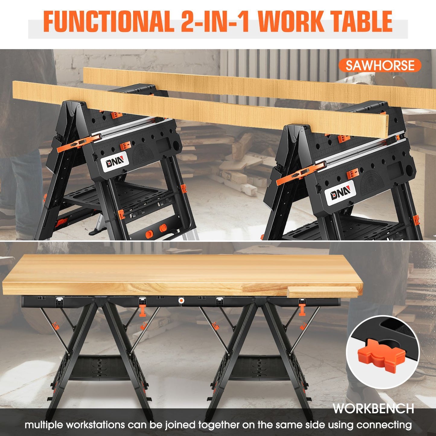 Orange-and-Black Folding 31.1 x 25-Inch Workbench and Sawhorse with Clamps, Blocks and Tool Tray
