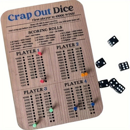 Two-Piece Wooden Dice Scoreboard Set with Six Dice, Twelve Pegs and Printed Four-Player Rules