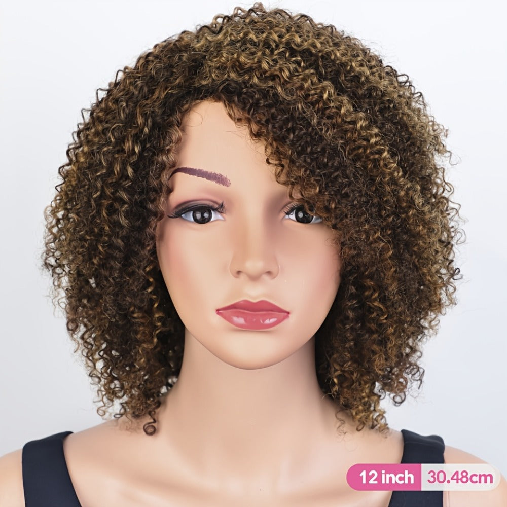 Jerry Curl Human Hair Wig with Bangs, 12-Inch Length and P4/30/27 or P1B/30 Highlight Options