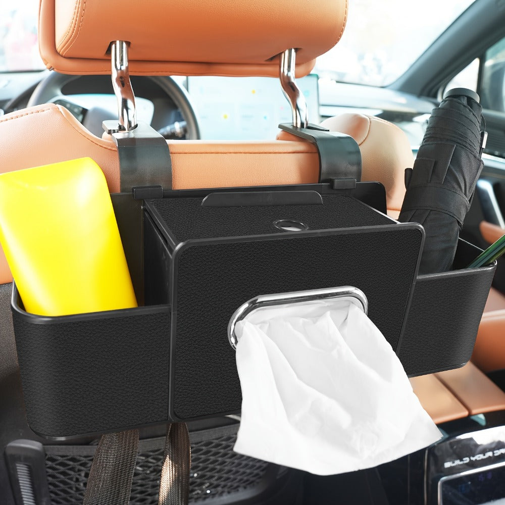 Car Backseat Organizer with Dual Cup Holders, Tissue Box & Hooks – Multi-Function Back Seat Storage for SUV, Sedan & Minivan | Brown, Orange, Black, Cream