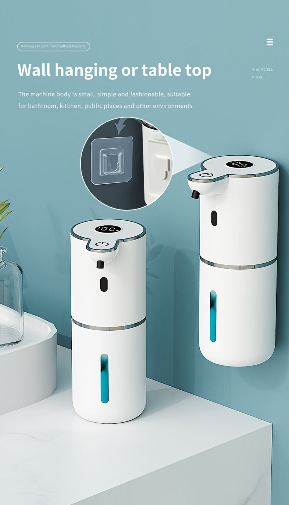 Rechargeable Touchless Foam Soap Dispenser with Six-Level Display, Countertop or Wall Mount in Black or White