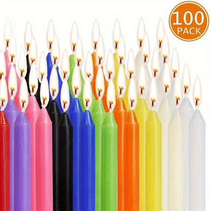 Assorted Color Soy Wax Taper Candle Set with 100 Compact 4-Inch Candles in Straight Form and Boxed Package