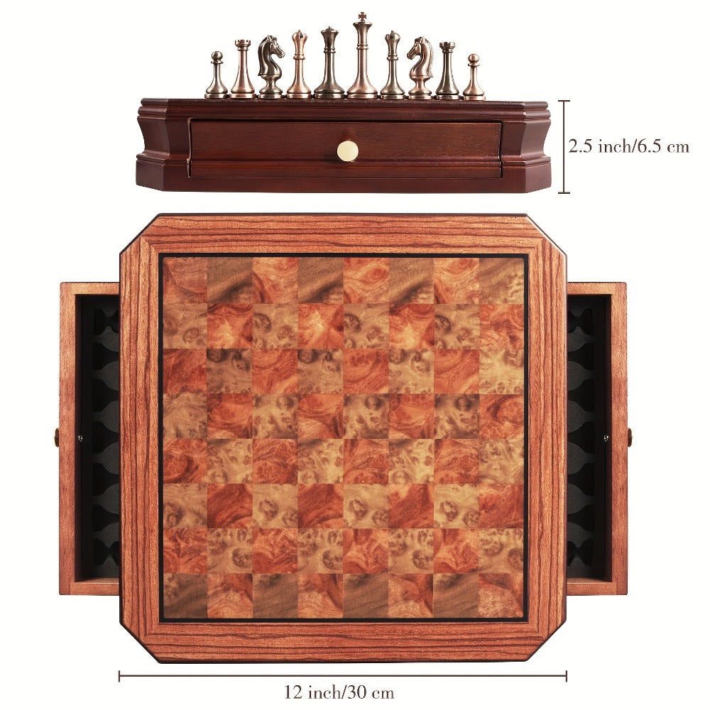 12-Inch Wooden-Style Chess Set with Metal-Finish Pieces, Two Storage Drawers and Two Extra Queens for Adults