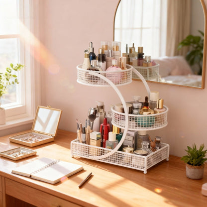 Three-Tier Metal Makeup Organizer with Round Baskets, Tissue Holder and White Iron Frame Design