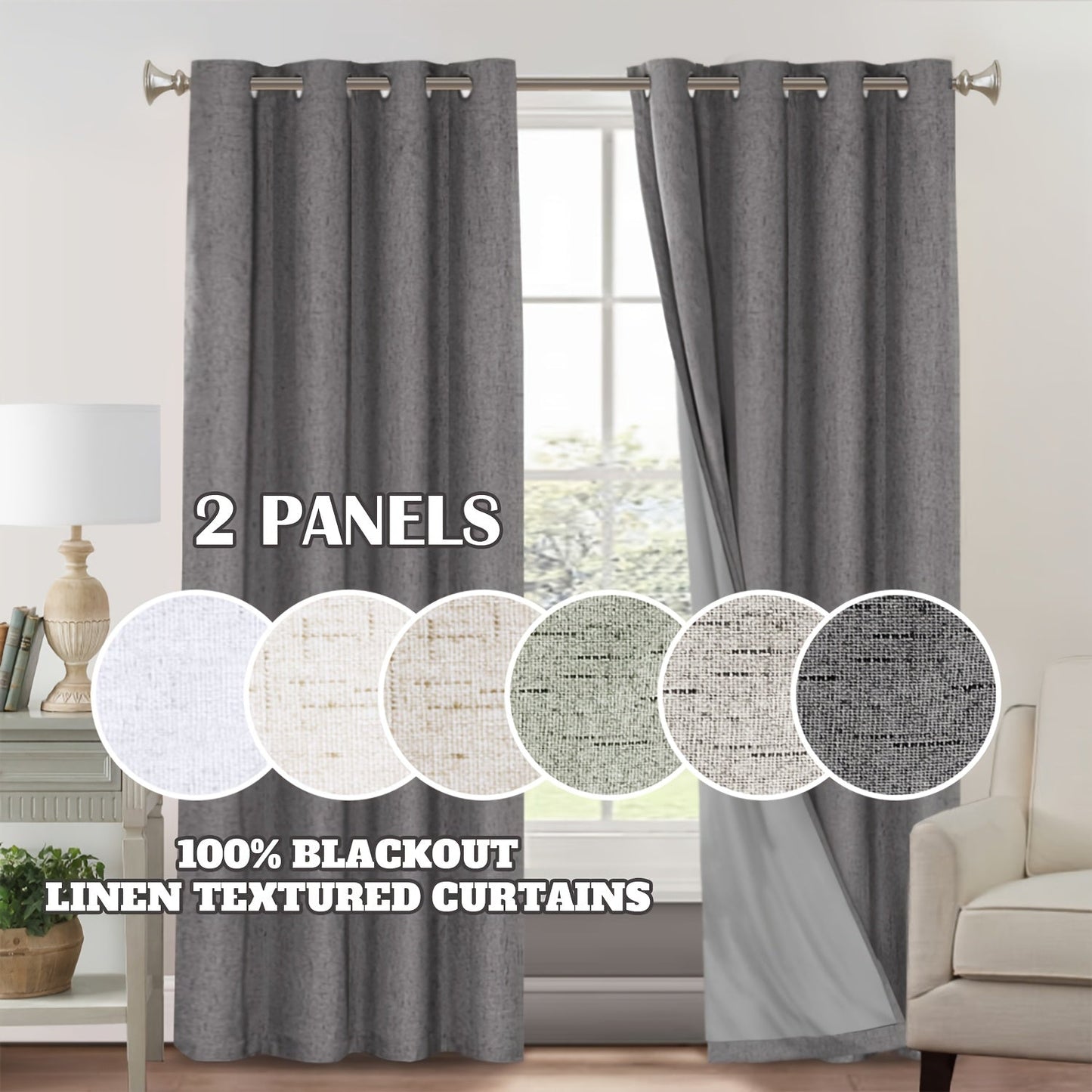Two-Panel Linen-Textured Blackout Curtain Set in Six Colors with 52-Inch Width and Four Lengths