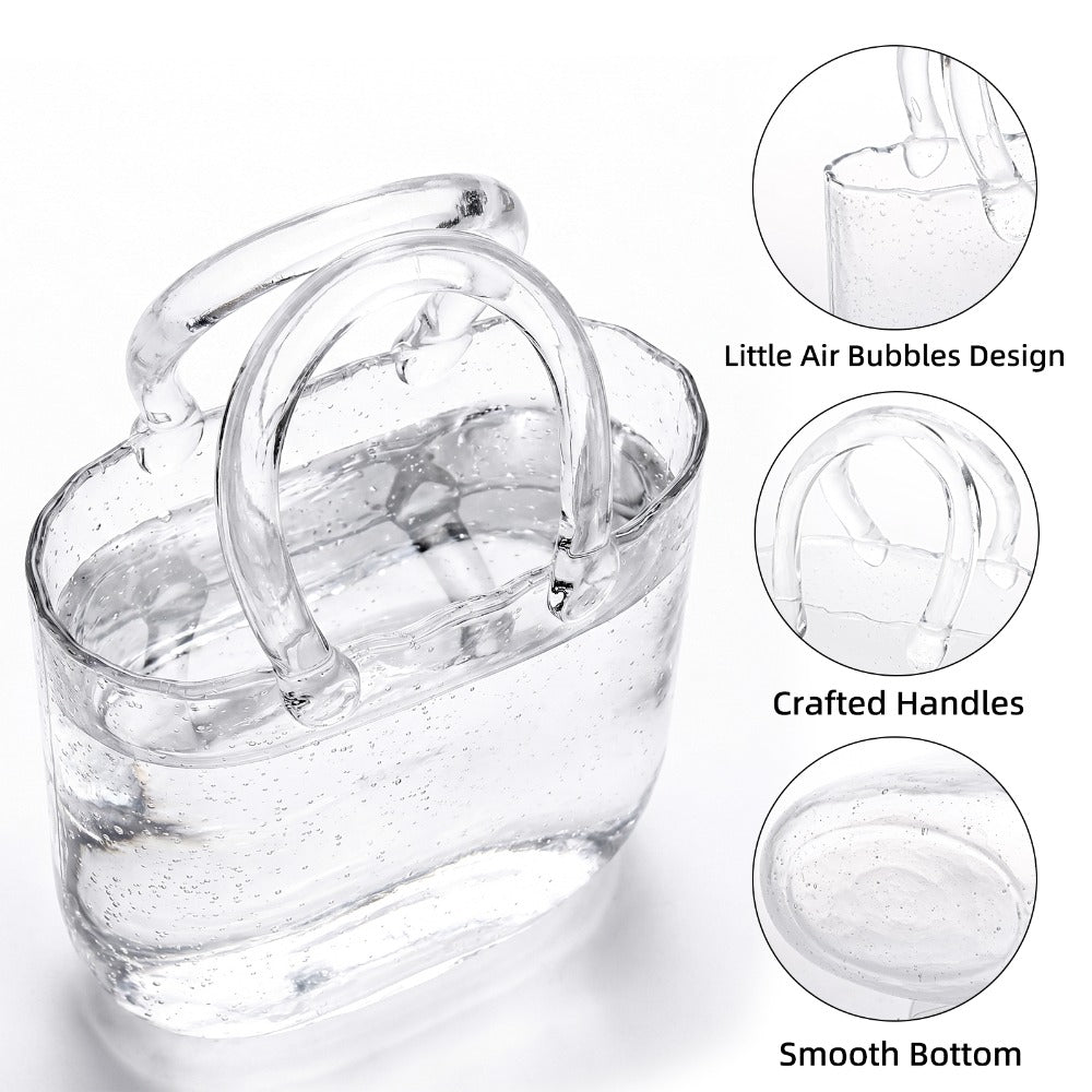 Clear Bubble Glass Purse Vase with Handbag Handles, 1- or 2-Piece Set and 10.4-Inch Height