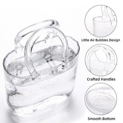 Clear Bubble Glass Purse Vase with Handbag Handles, 1- or 2-Piece Set and 10.4-Inch Height