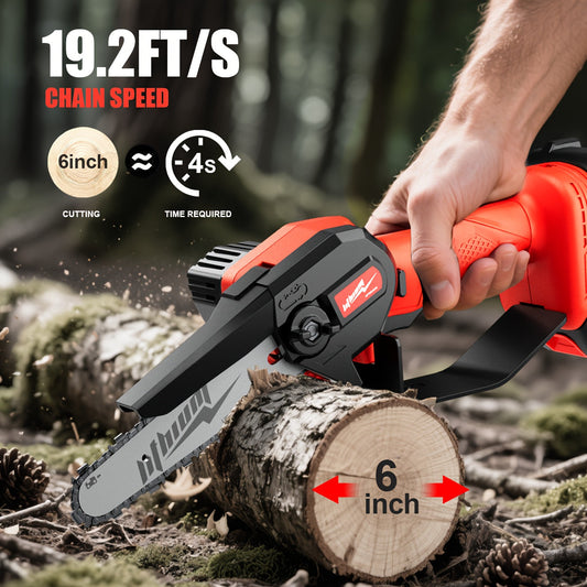 Mini Chainsaw Cordless 4 & 6 Inch Electric - Upgraded Portable Battery Chainsaw with Safety Lock, Splash-Proof Cover & Rechargeable Battery for Tree Pruning, Branch Cutting & Garden Use
