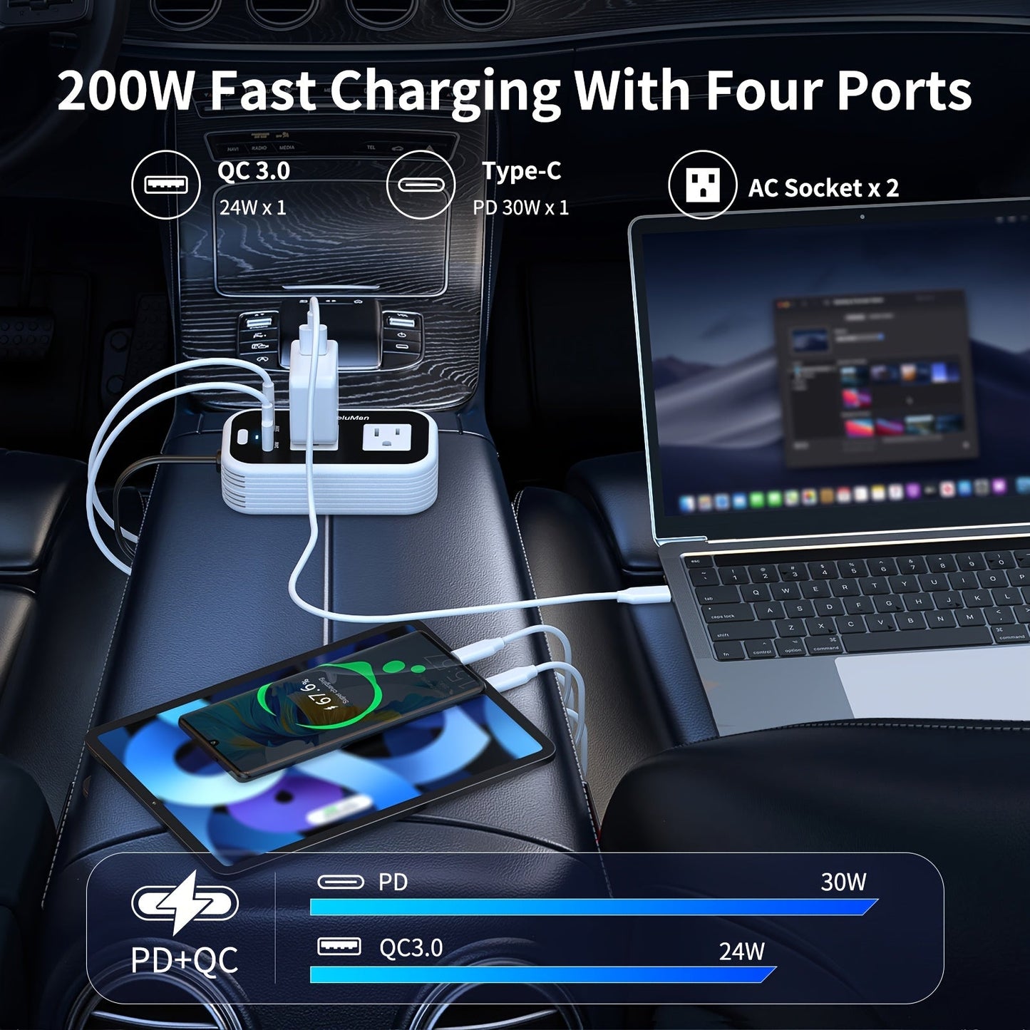 White-and-Black 200W Car Power Inverter with Two AC Outlets, 30W PD USB-C and 24W QC3.0 Ports