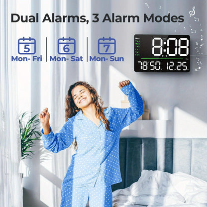 Digital Wall Clock 16 Inch LED with Remote Control – Large Display Shows Time, Date, Day of Week & Indoor Temperature, Modern Decor for Bedroom, Living Room, Office, Gym & Garage (White)