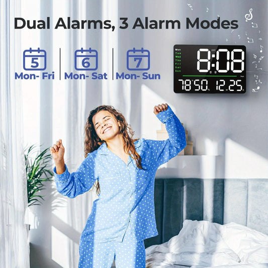 Digital Wall Clock 16 Inch LED with Remote Control – Large Display Shows Time, Date, Day of Week & Indoor Temperature, Modern Decor for Bedroom, Living Room, Office, Gym & Garage (White)