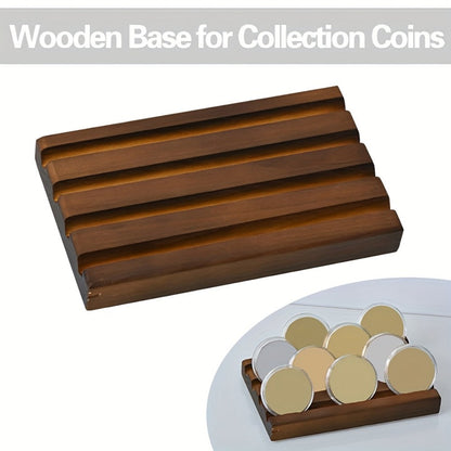 Four-Row Walnut-Color Wooden Coin Display Rack for Challenge Coins and Commemorative Tokens