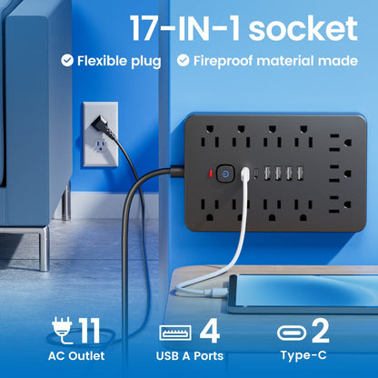Power Strip 17-in-1 Flat-Plug Surge Protector with 11 AC Outlets, 4 USB-A, 2 USB-C and Spacious Outlet Layout