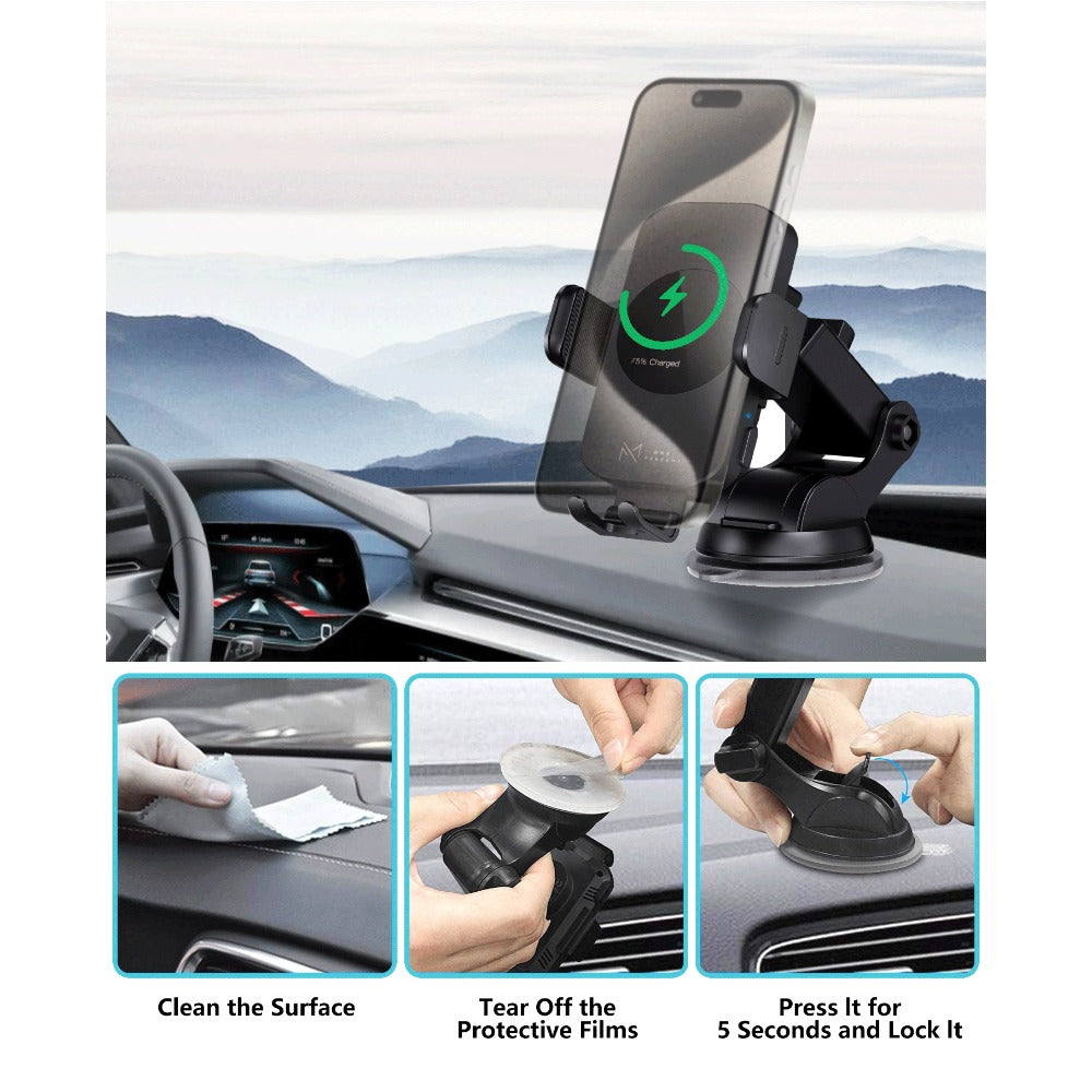 4-Color Wireless Car Charger Mount 15W Qi Auto-Clamping – Fast Wireless Charging Phone Holder for iPhone 17 16 15 14 13 12 11 Pro Max, Samsung Galaxy S24 S23 S22 S21 & All Qi Phones | Black Blue Red Gold