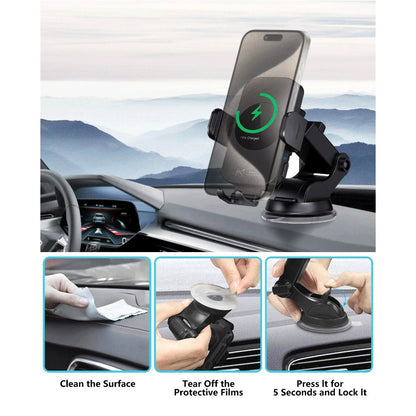 4-Color Wireless Car Charger Mount 15W Qi Auto-Clamping – Fast Wireless Charging Phone Holder for iPhone 17 16 15 14 13 12 11 Pro Max, Samsung Galaxy S24 S23 S22 S21 & All Qi Phones | Black Blue Red Gold