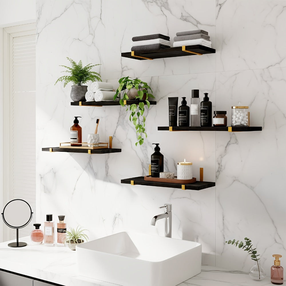 Five-Piece Rustic Floating Shelf Set with Black Metal Brackets in Light Brown, Dark Brown or Black-Gold Finishes