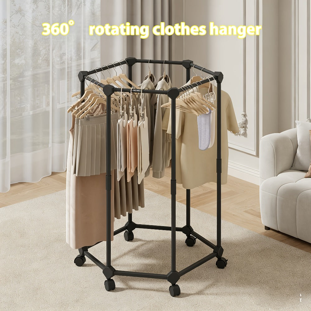 Hexagonal Clothes Drying Rack Freestanding Rotating Metal Garment Rack with Wheels Multiple Rods Space Saving Coat Rack for Bedroom Dorm Balcony Laundry