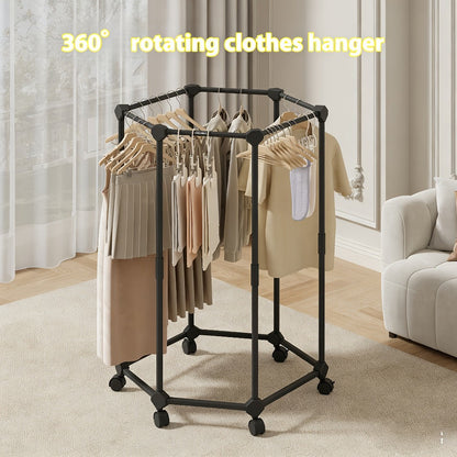 Hexagonal Clothes Drying Rack Freestanding Rotating Metal Garment Rack with Wheels Multiple Rods Space Saving Coat Rack for Bedroom Dorm Balcony Laundry