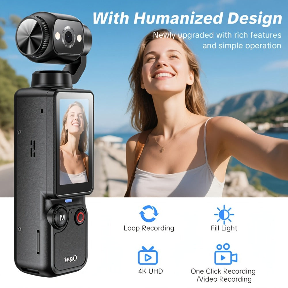 W&O 4K- and 66MP-Labeled Action Camera with 180-Degree Rotating Lens, 32GB Card and Black or White Body