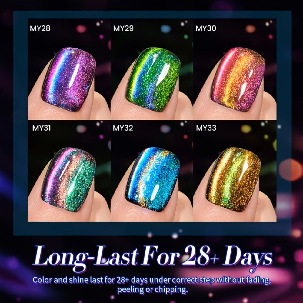 Gel Nail Polish 6-Color 9D Polaris Magnetic Set with Six 10ml Glass-Water-Light Shades for Nail Art
