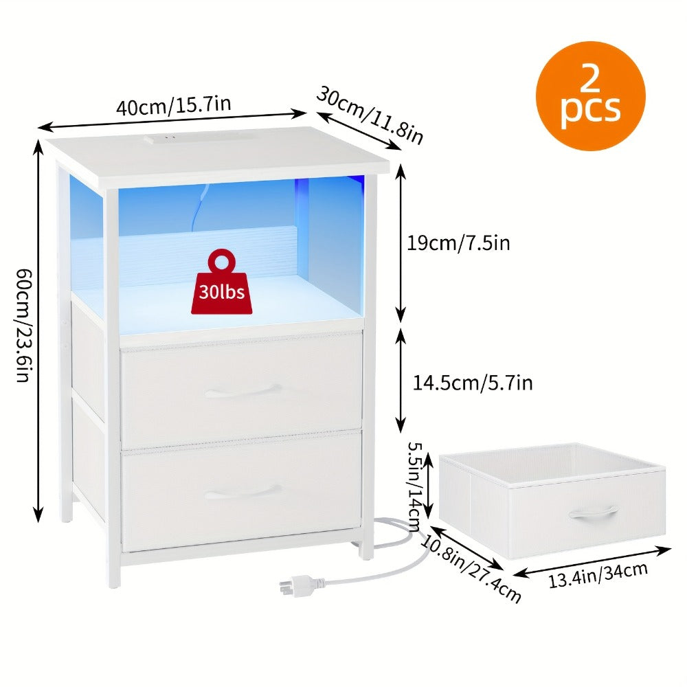 Nightstand Two Fabric Drawers with Charging Station, LED Accent Light and PU or Clear Desktop Options