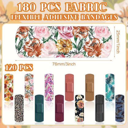 180-Piece Patterned Fabric Adhesive Bandage Pack with 12 Floral, Animal and Solid Color Styles