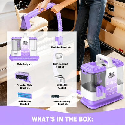 Portable Carpet Cleaner 25Kpa Upholstery Cleaner Machine with Dual Brush Heads Self-Cleaning Pet Stain Remover for Sofa Couch Car Seat Rug Mattress Spot Cleaner