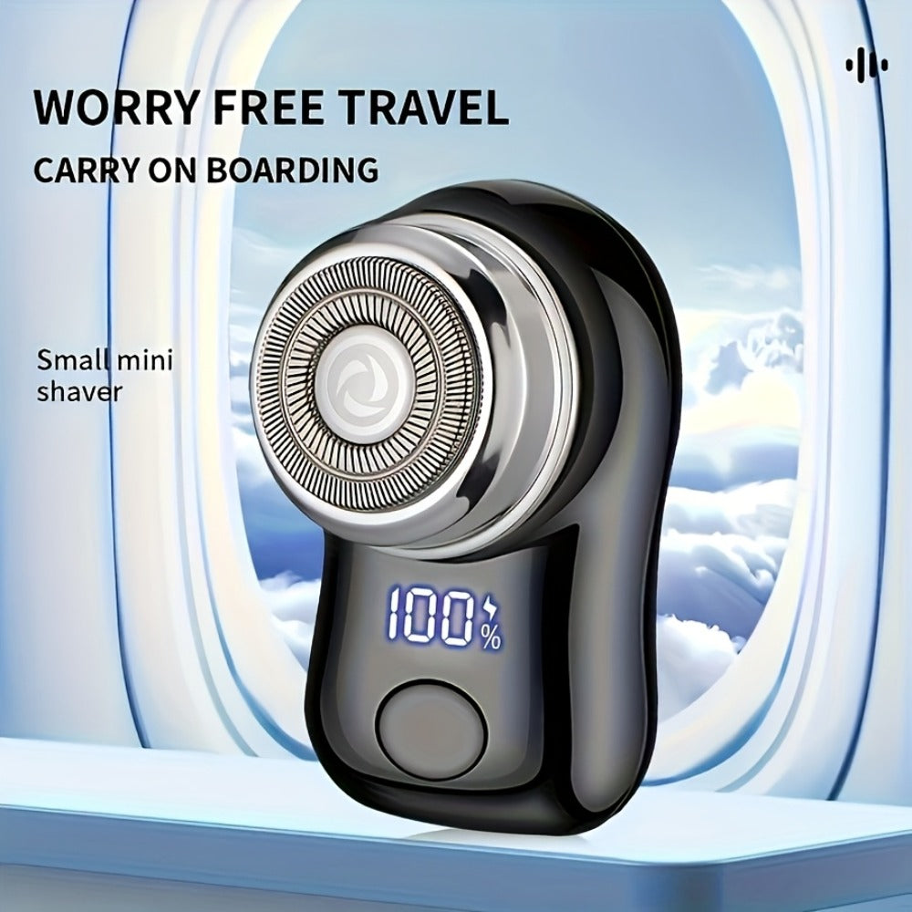 Compact Black Dual-Ring Rotary Electric Razor with Digital Battery Display, USB Cable and Travel-Size Body